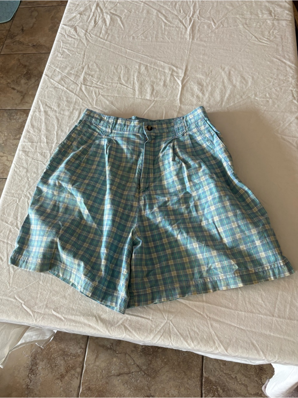 Plaid High-Waist A-Line Shorts in Teal & Yellow